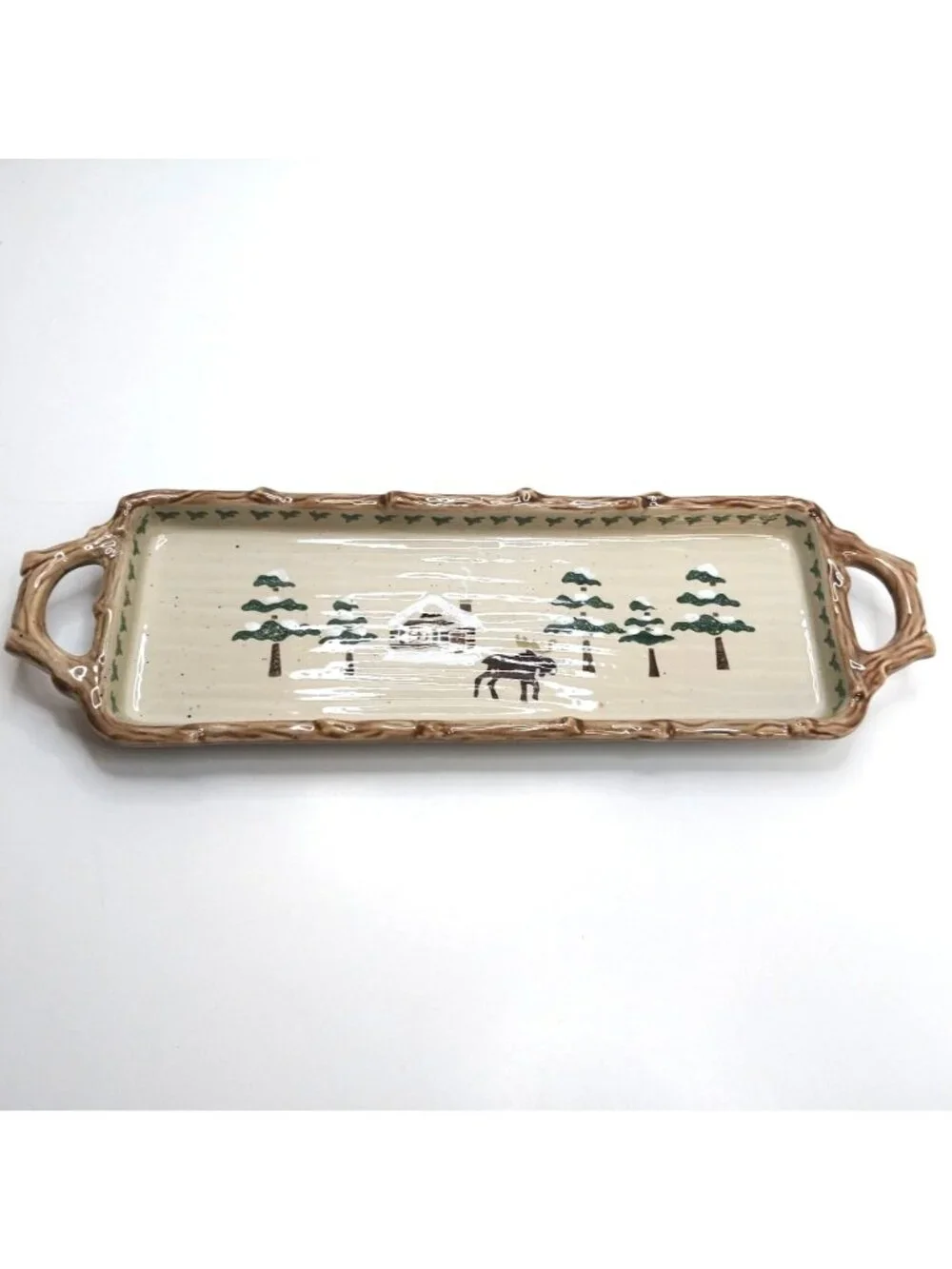 Sonoma Lodge Ceramic Serving Tray With Rustic Handles Cabin Moose 15.5